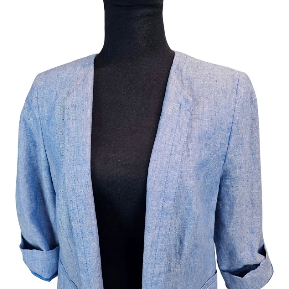 Talbots 100% Linen Open Front Blazer Jacket Light Blue Sz 10 Cape Cod Hamptons